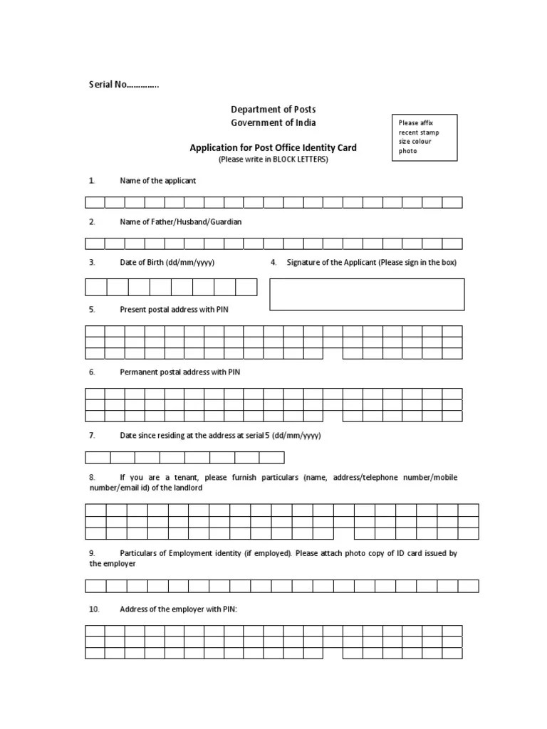Application Form for Post Office ID Card
