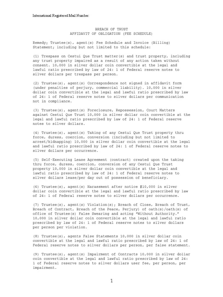 BREACH OF TRUST AFFIDAVIT OF OBLIGATION (FEE SCHEDULE) Notary Public