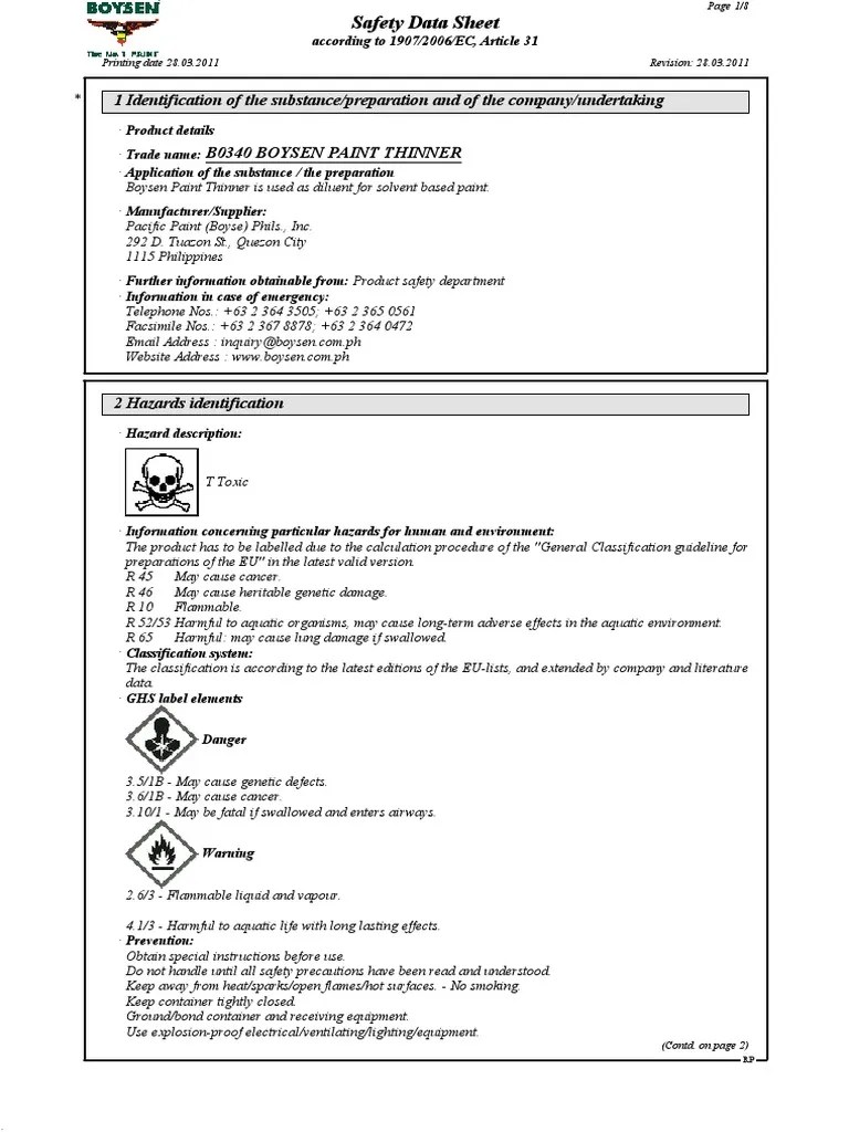 b0340 Boysen Paint Thinner PDF Dangerous Goods Volatile Organic
