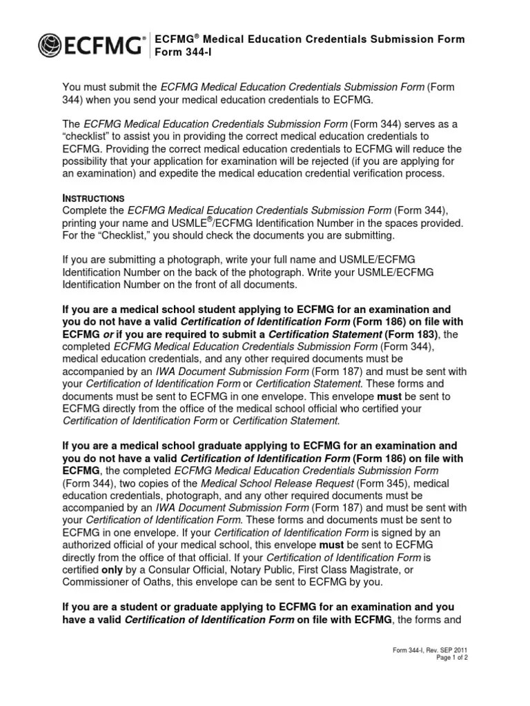 Form 344 Ecfmg Credential United States Medical Licensing Examination