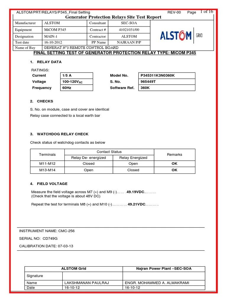 P345 Relay Test Report Relay Electrical Impedance