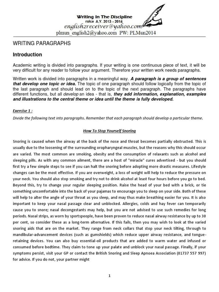 1. LECTURES Writing Paragraphs Leonardo Da Vinci Snoring