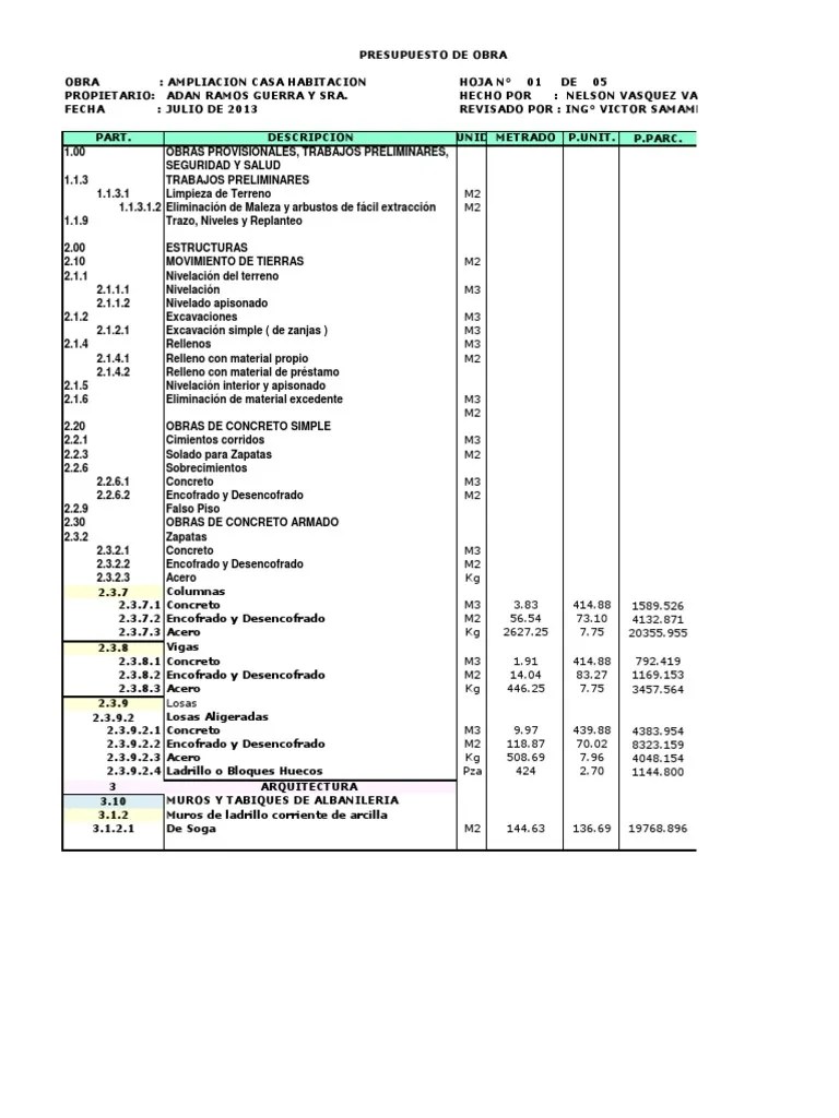 Presupuesto Segundo Piso Industrias edificio