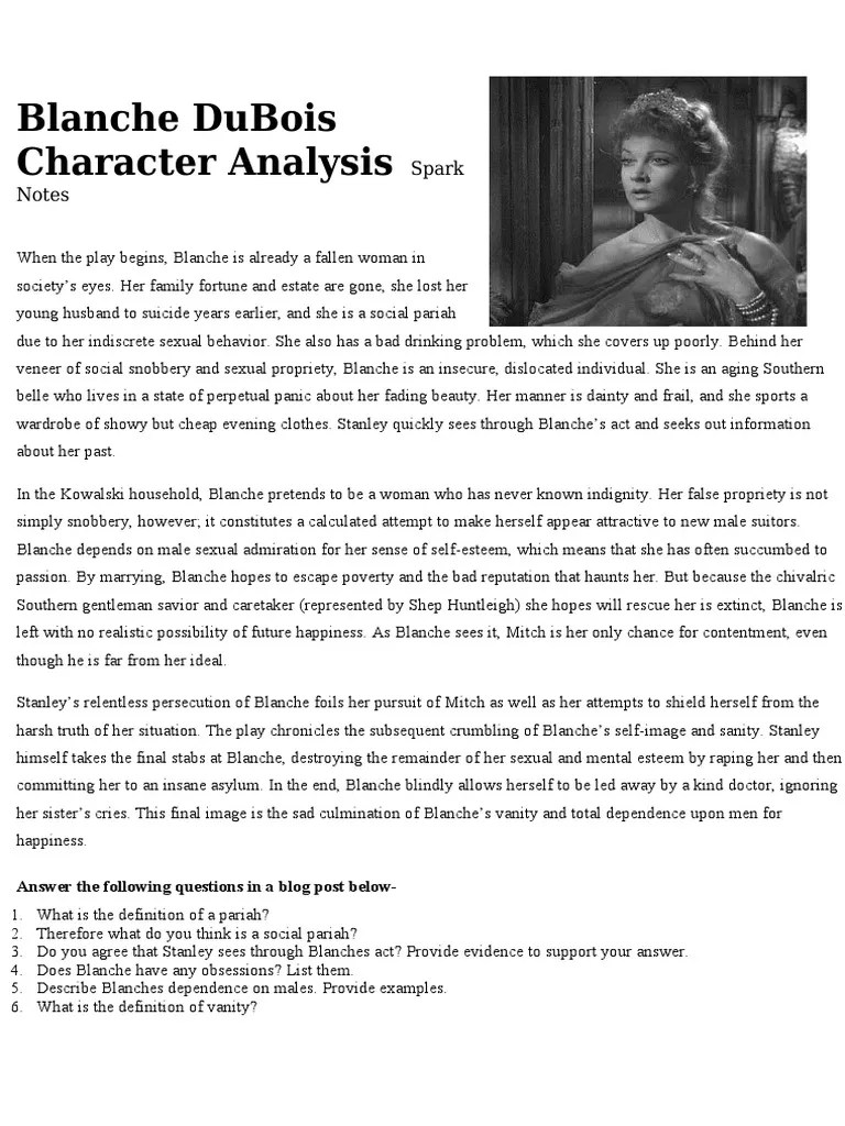 Blanche Dubois Character Analysis Spark Notes PDF Social Issues