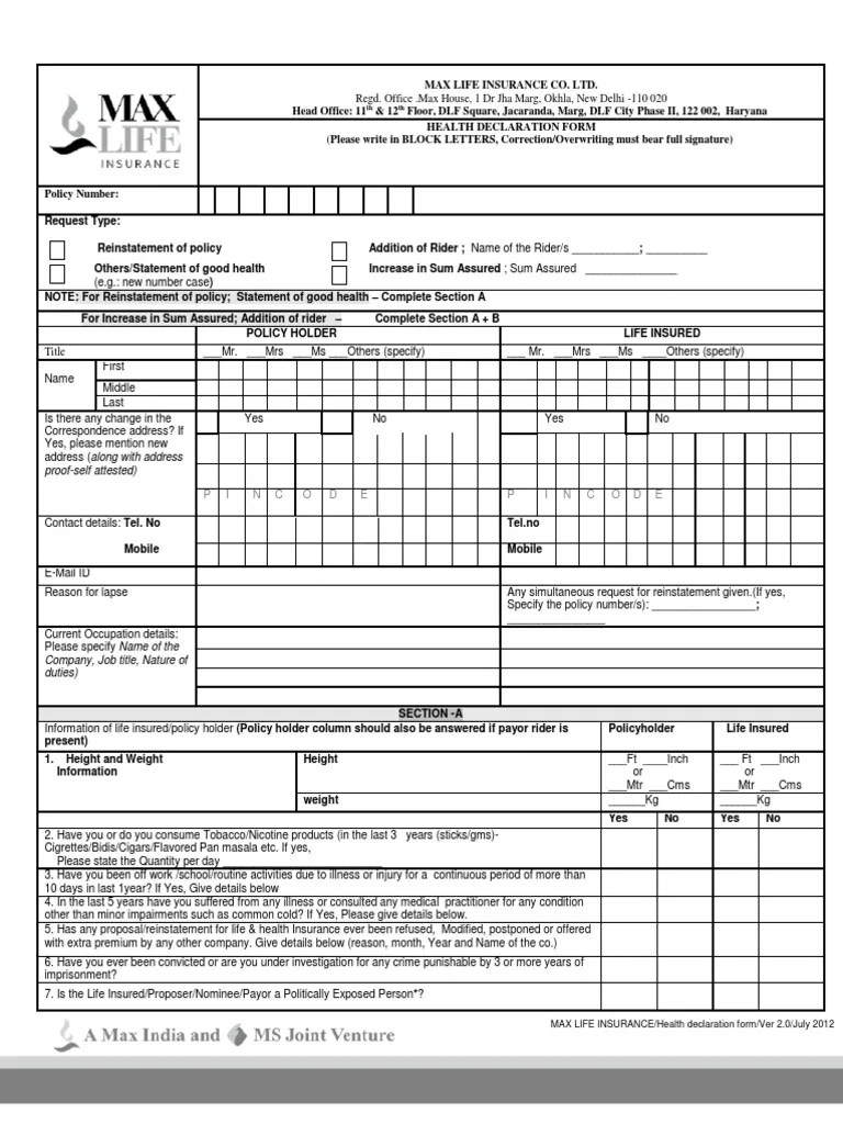 Health Declaration Form Insurance Cancer
