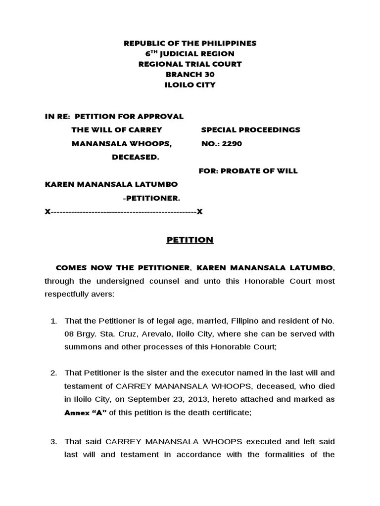 sample.PETITION for probate of will Civil Law Law) Virtue