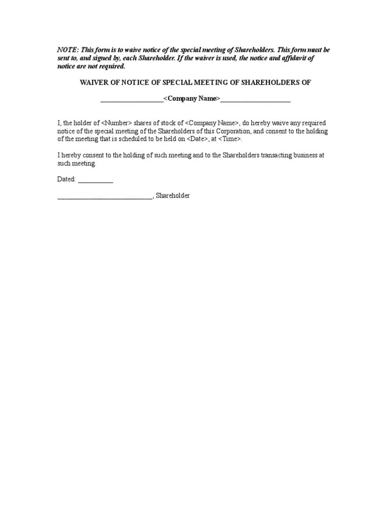73 Waiver of Notice Shareholders Special Meeting PDF