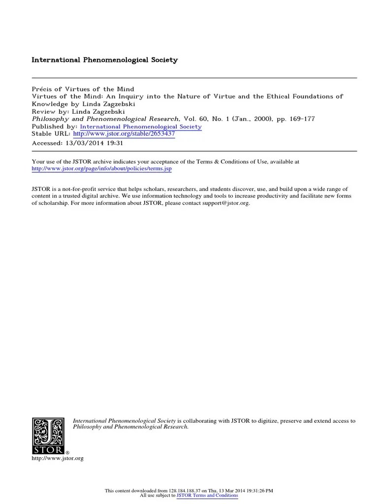 Zagzebski Precis Virtues of The Mind PDF Internalism And