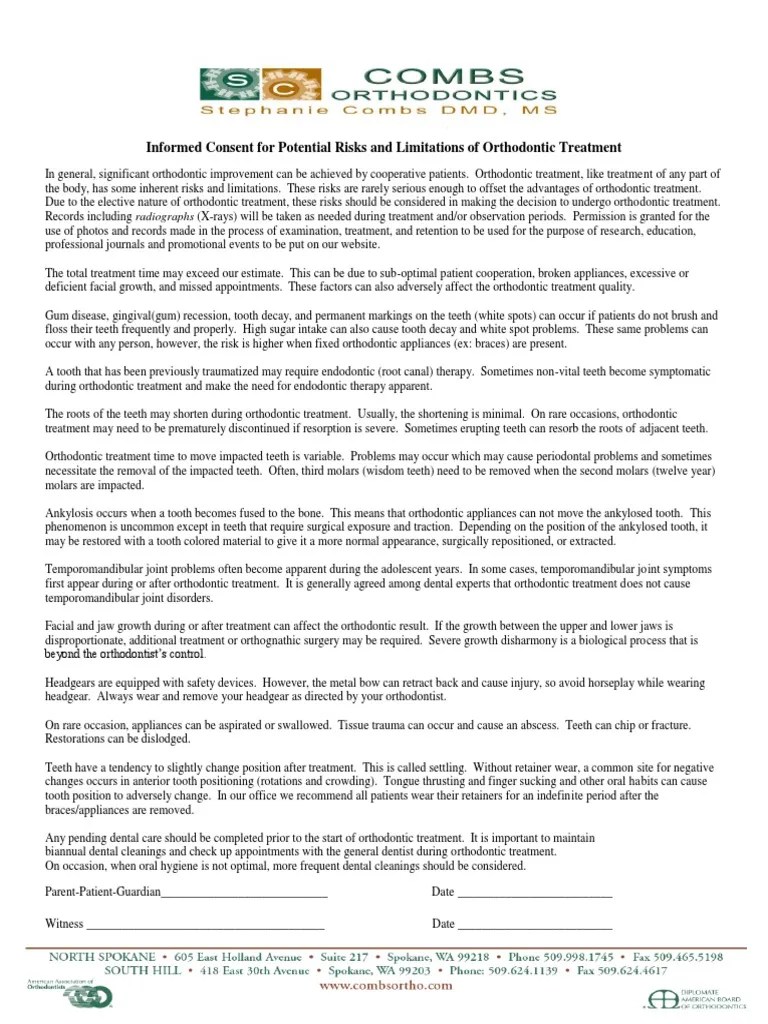 Informed Consent for Potential Risks and Limitations of Orthodontic