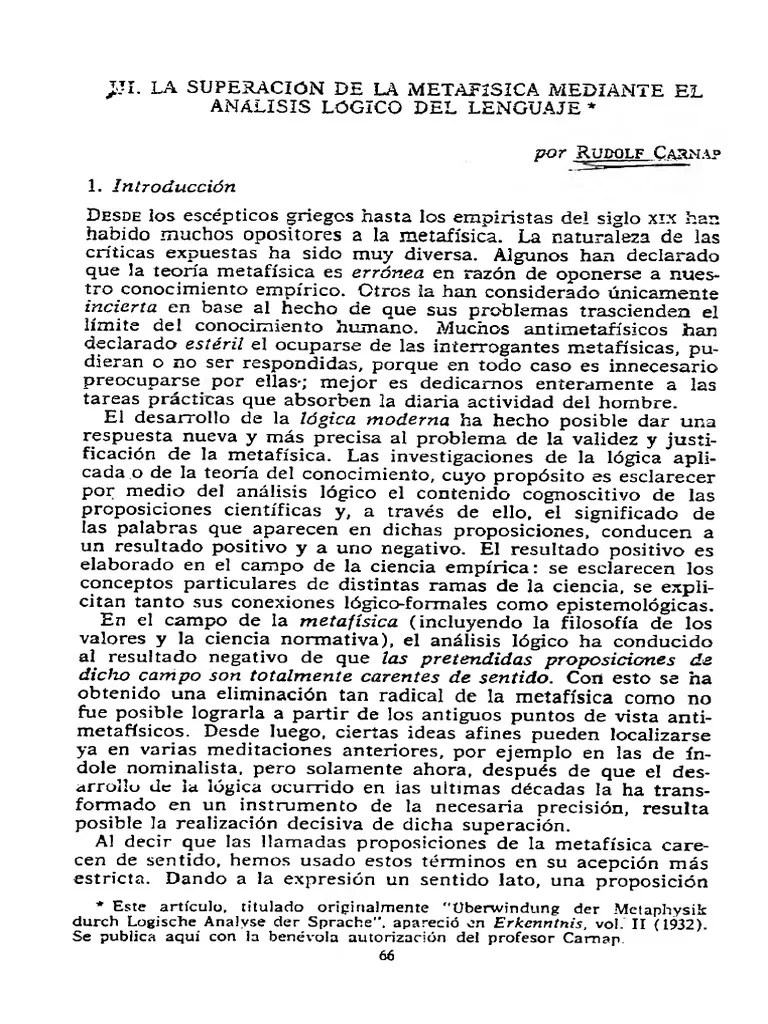 Carnap, Rudolf La superación de la metafísica mediante el análisis