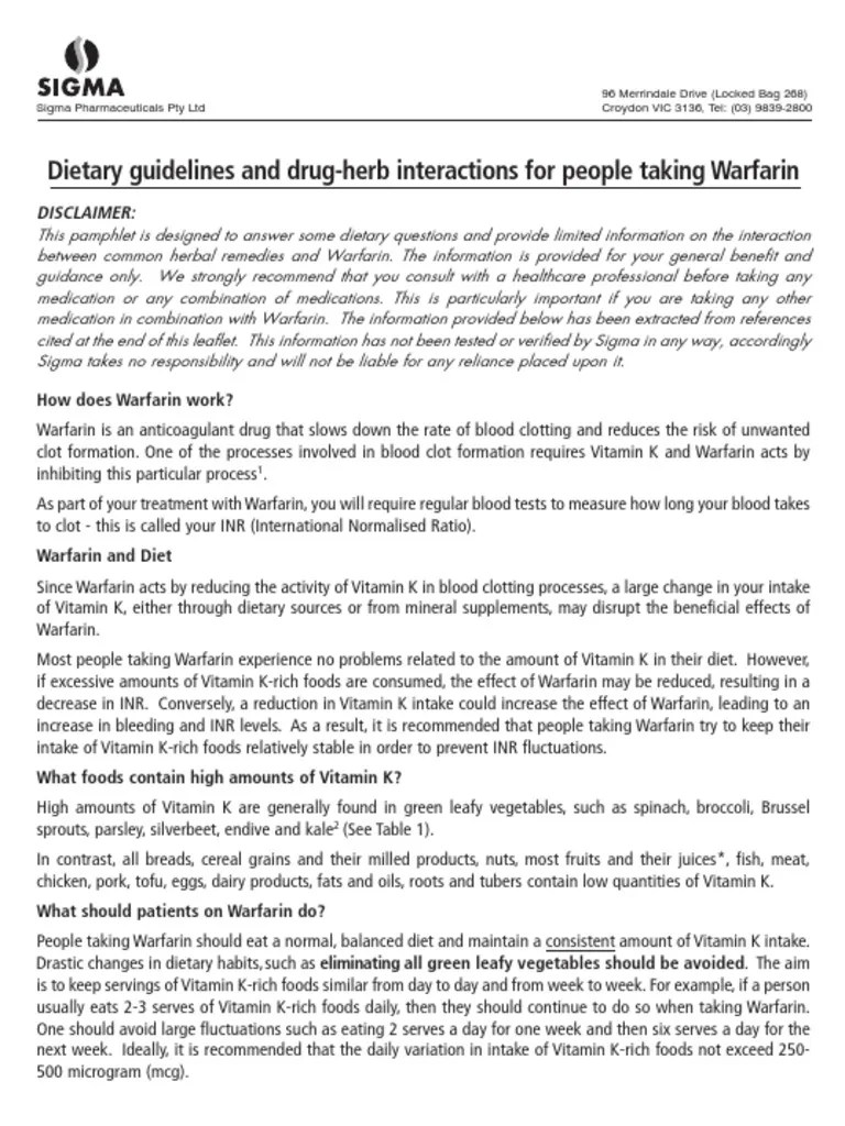 Warfarin Dietary Guidelines Vegetables Vitamin