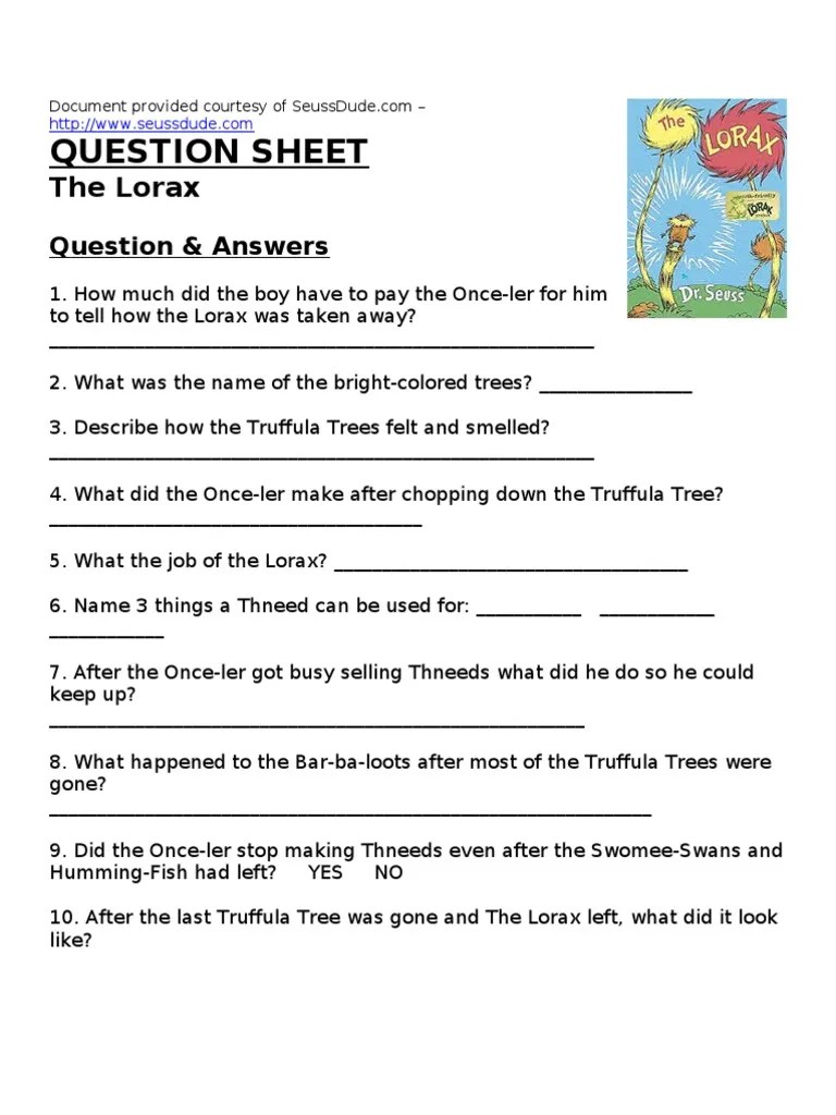 Dr. Seuss The Lorax Worksheet Lesson Plan