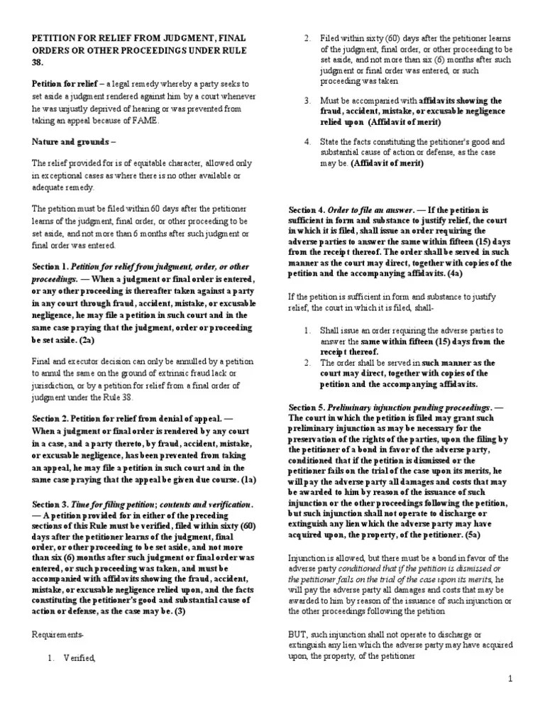 Rule 38 PETITION FOR RELIEF FROM JUDGMENT PDF Civil Law