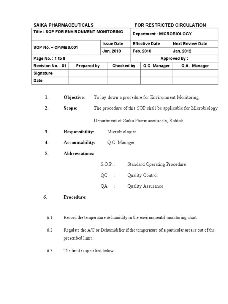 Microbiology Sop's Calibration Environmental Monitoring