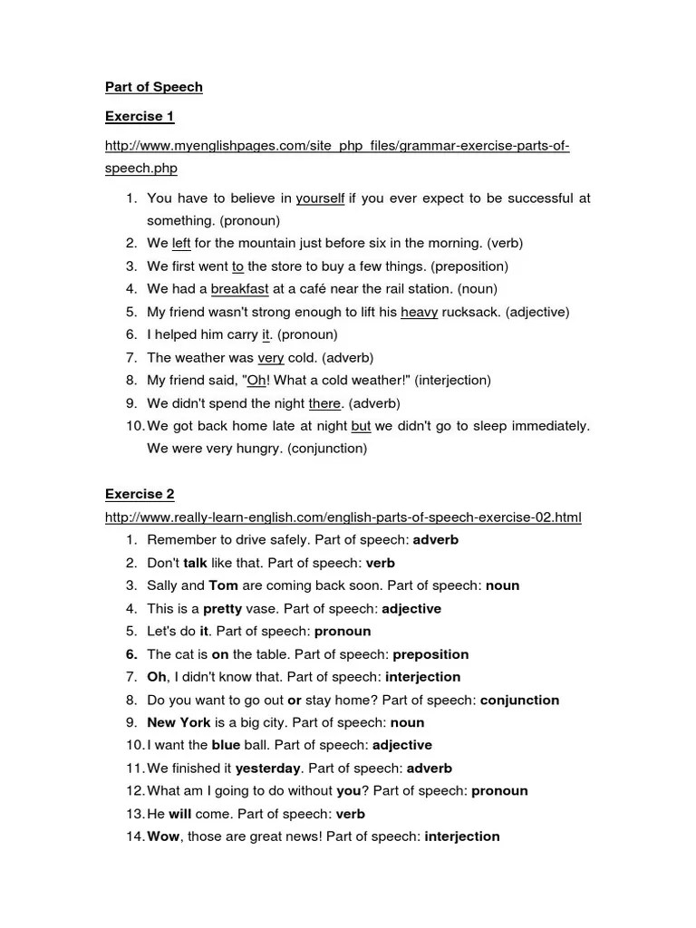 Exercise Part of Speech Part Of Speech Adjective