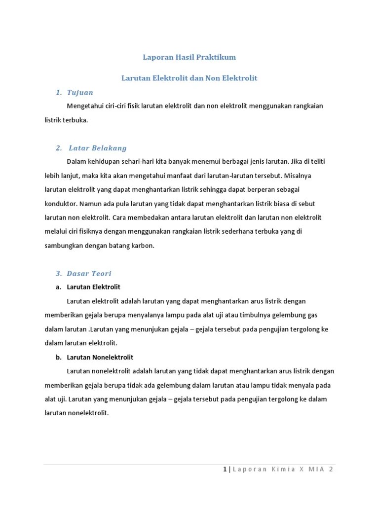 Laporan Praktek Larutan Elektrolit Dan Non Elektrolit | PDF