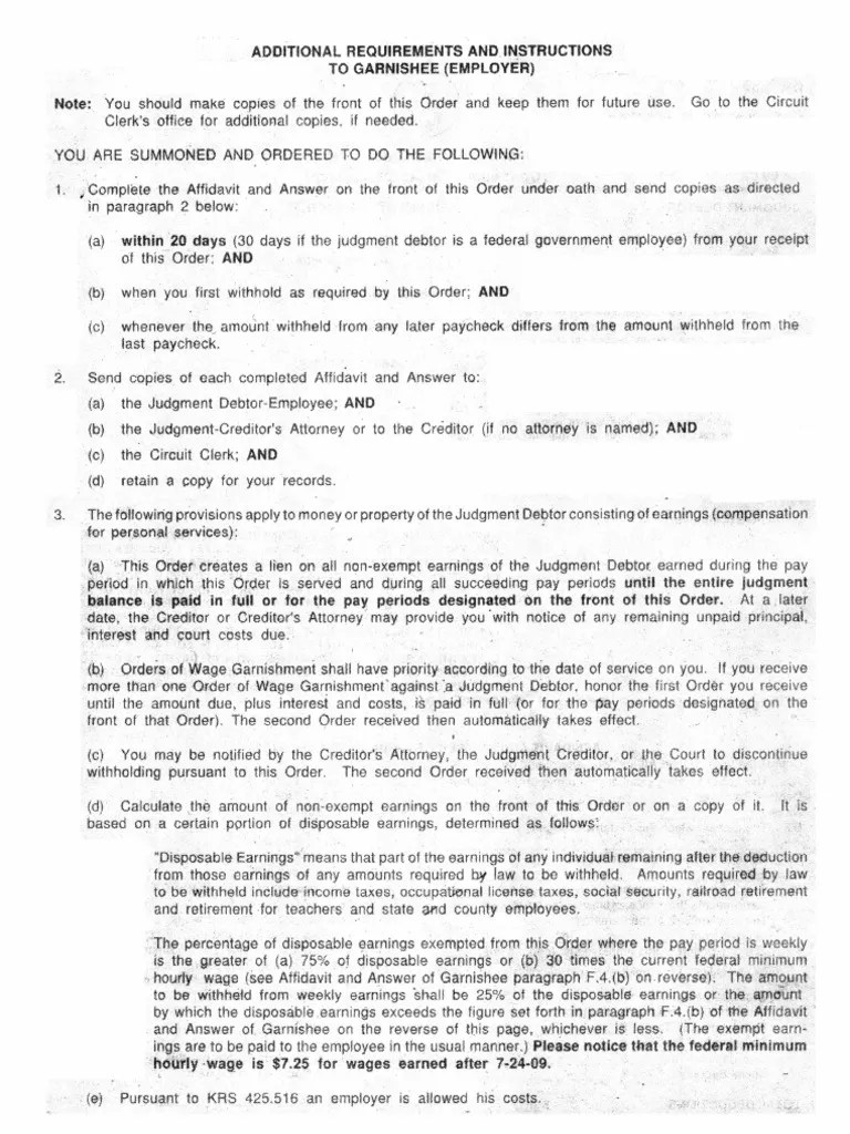 Kentucky Wage Garnishment Order Employer Instructions