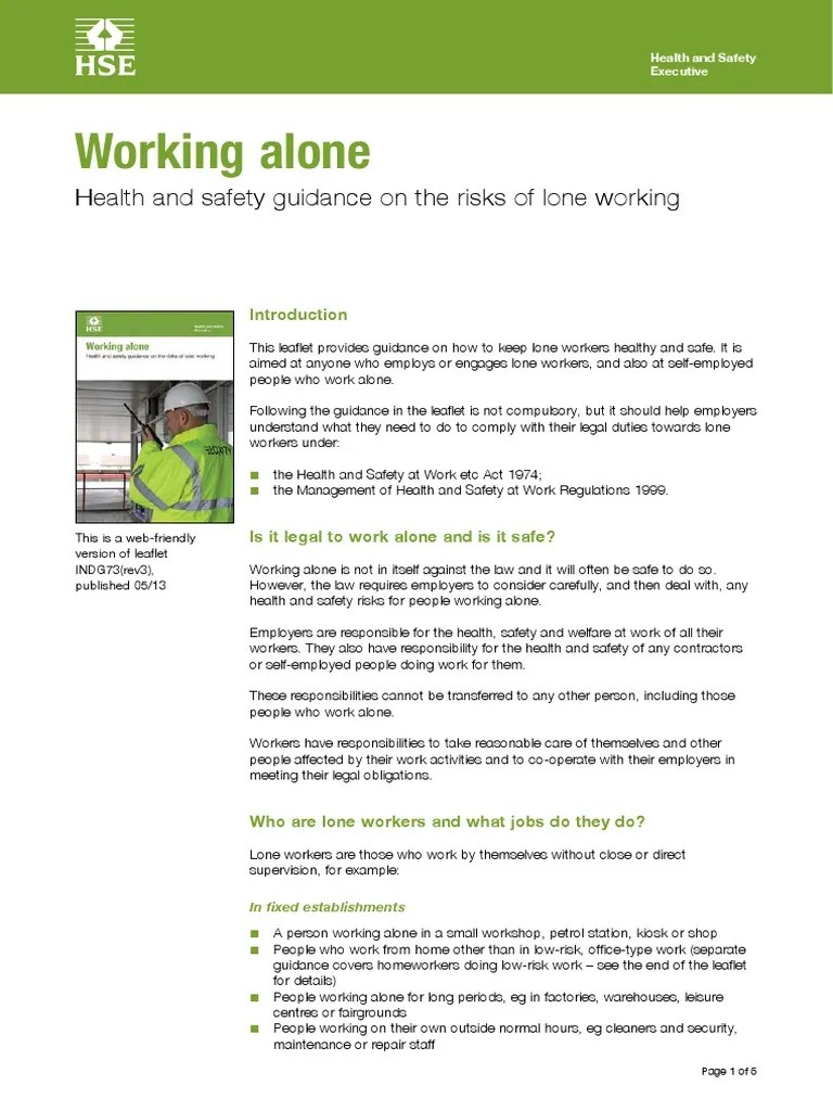 safety working alone Occupational Safety And Health Employment