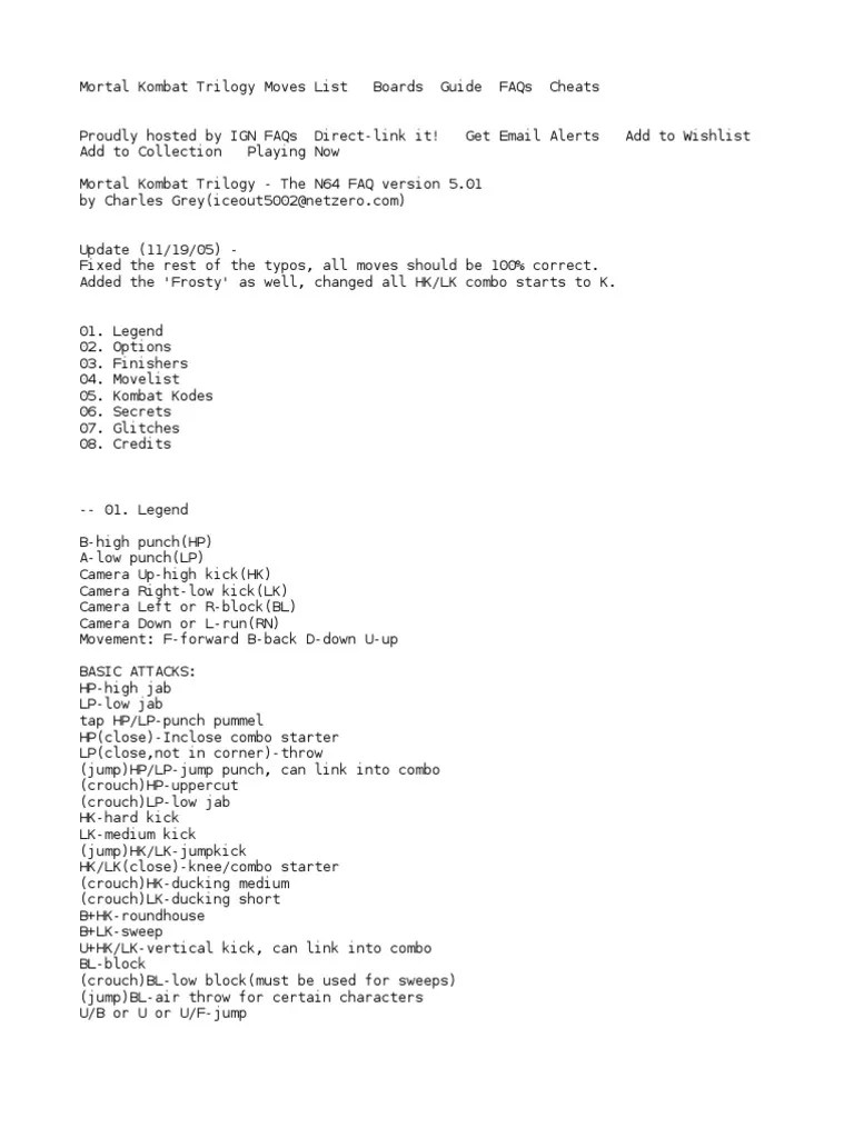 Mk3 Move List PDF Video Games Action Video Games