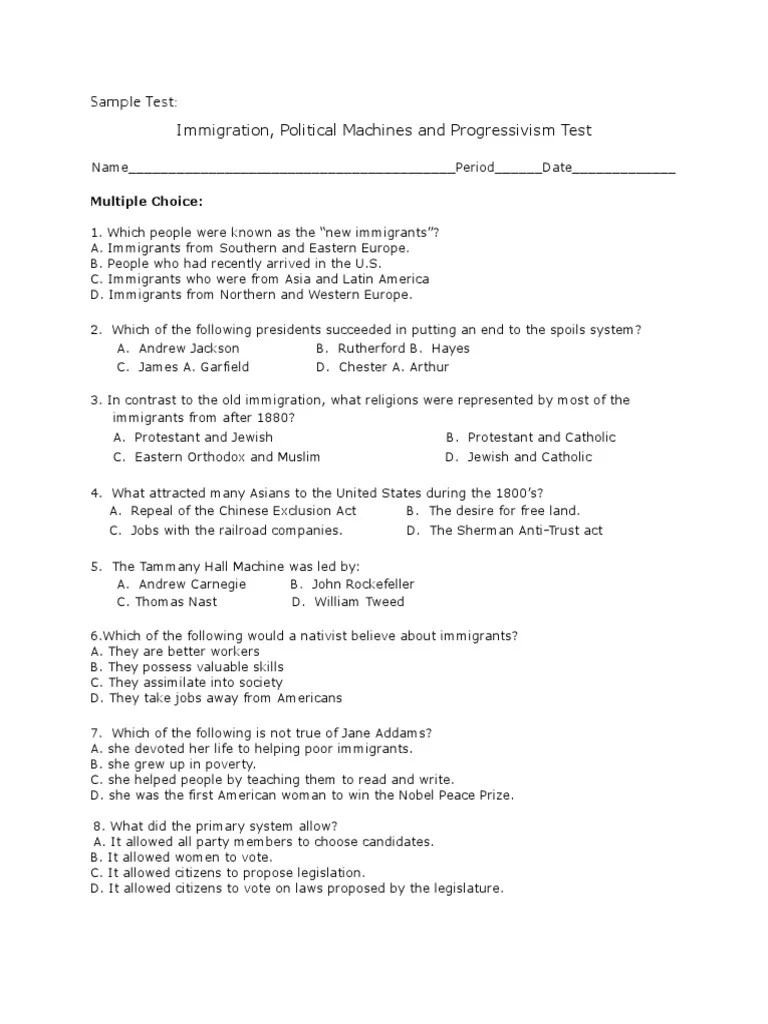 sample test Progressivism In The United States Immigration
