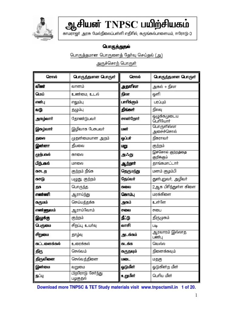 Tamil Synonyms PDF Nature