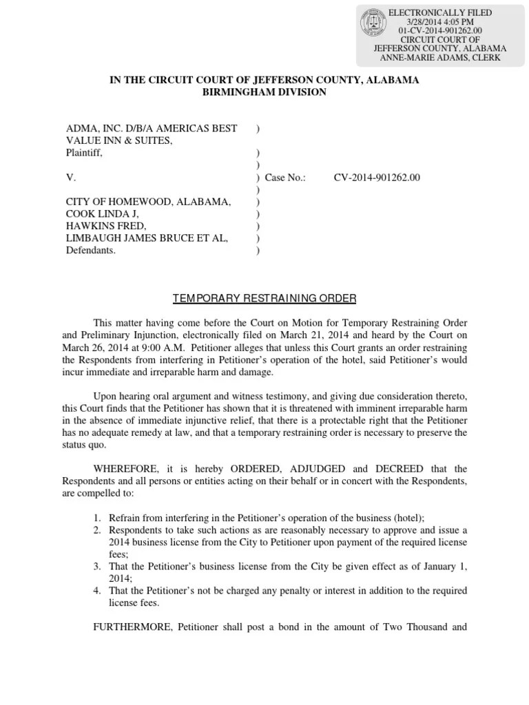 America's Best Granted Temporary Restraining Order