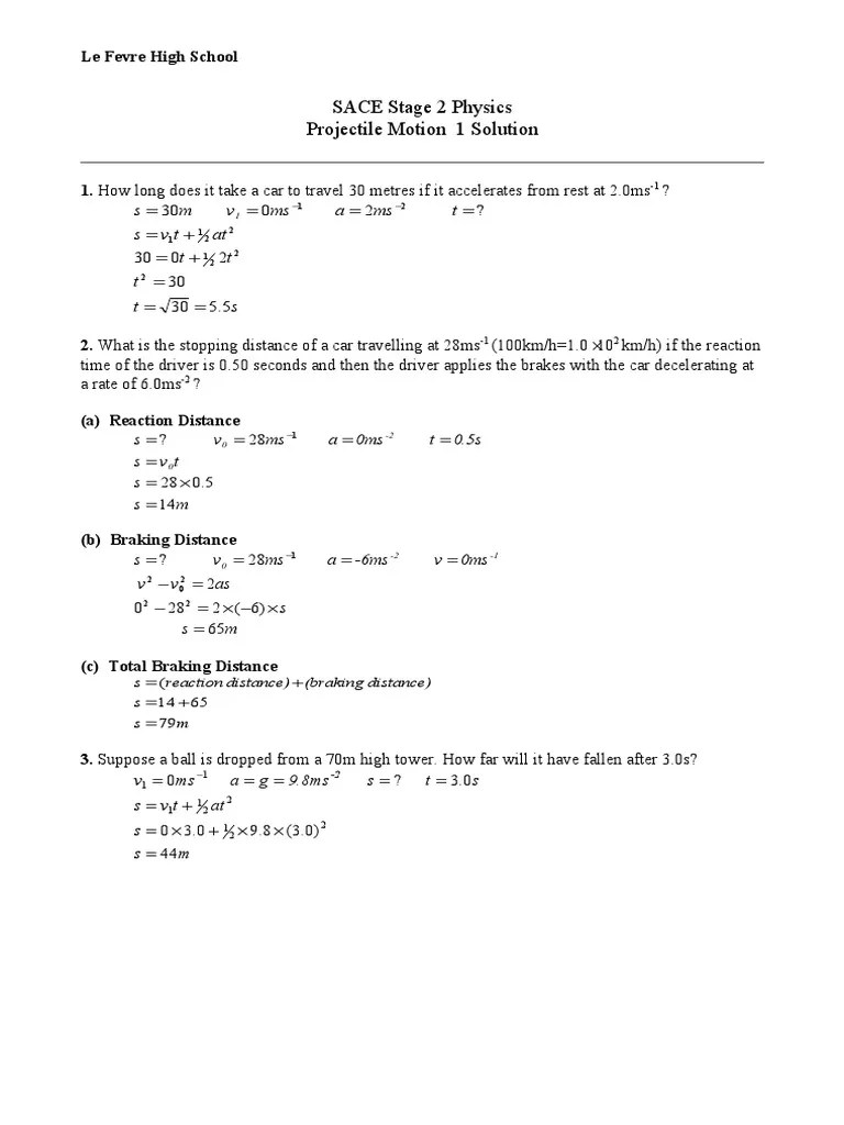 Worksheet Projectile Motion 1 Solution Geometric