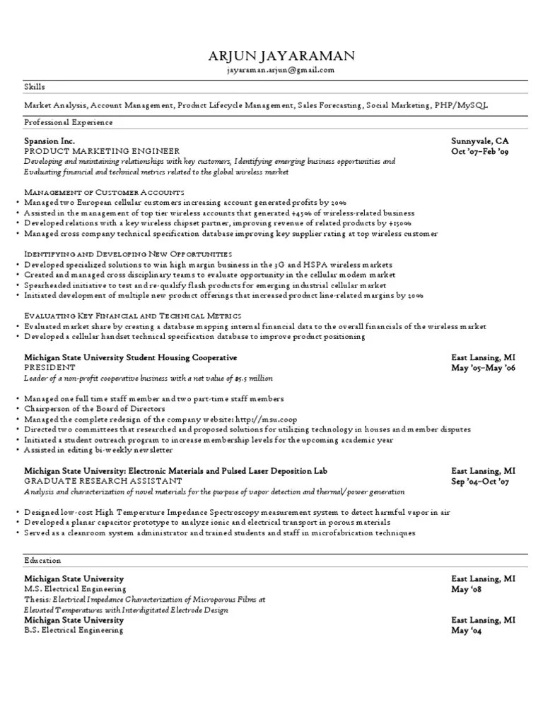 Résumé for Arjun Jayaraman Engineering Marketing