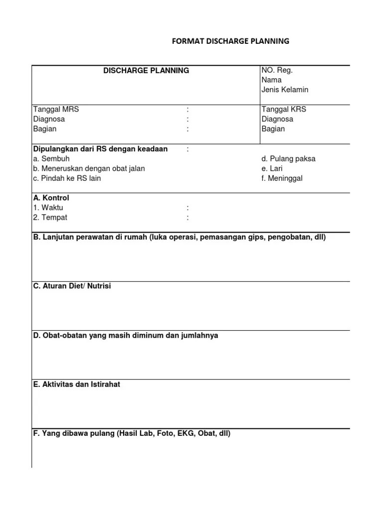 Printable Discharge Planning Worksheet
