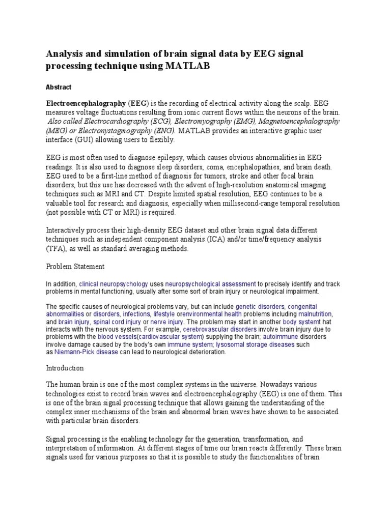 Analysis and Simulation of Brain Signal Data by EEG Signal Processing
