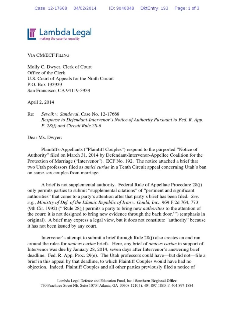 Sevcik v. Sandoval, Case No. 1217668 Response To DefendantIntervenor