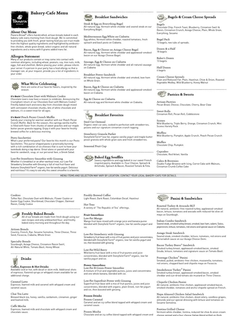 Panera Bread Menu Salad Pasta