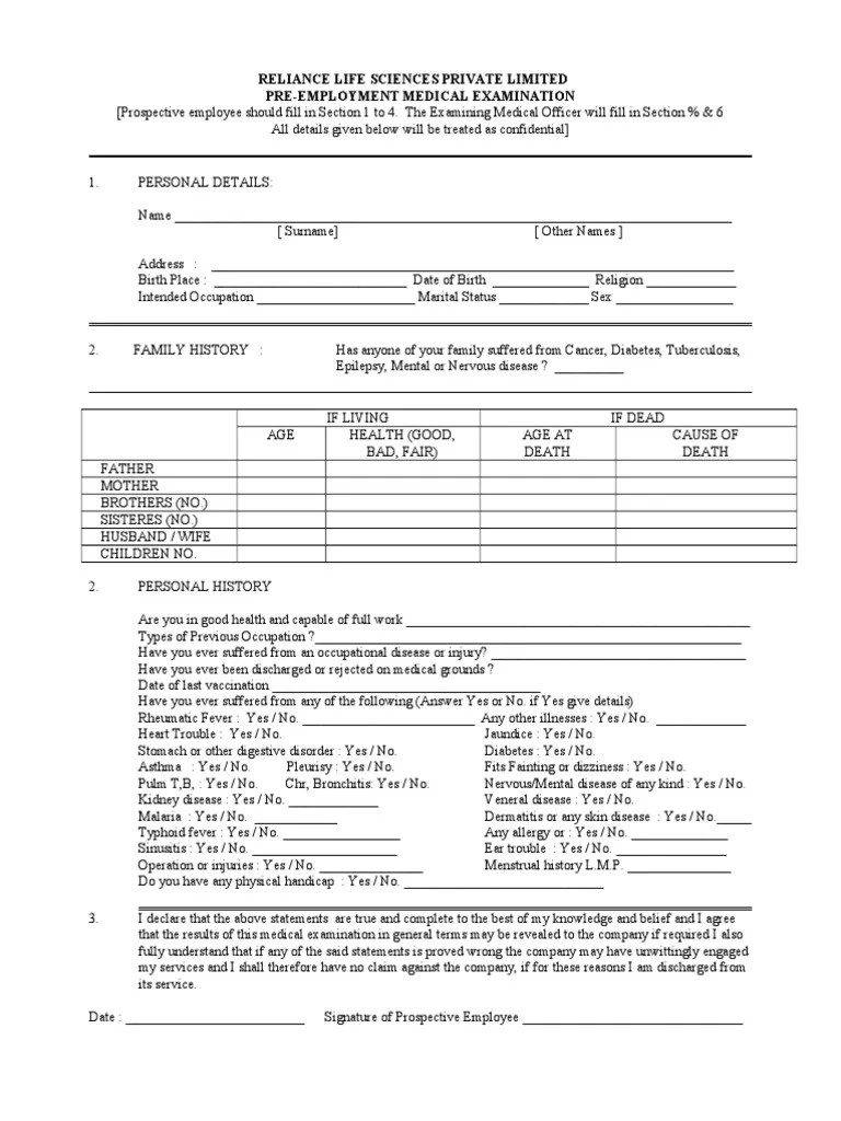 Reliance Life Sciences Private Limited PreEmployment Medical Examination