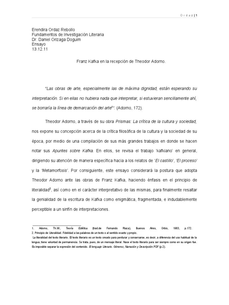 La Metamorfosis de Franz Kafka en La Recepción de Theodor Adorno. PDF