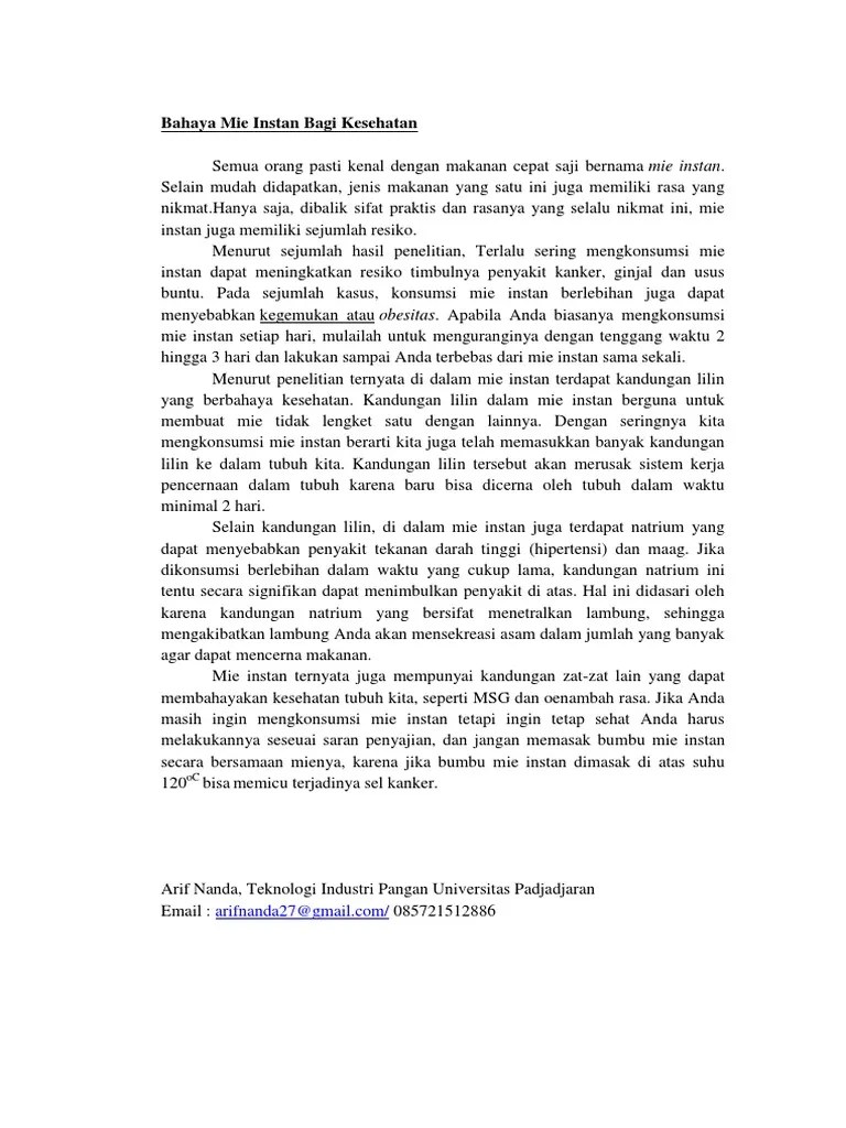 Artikel Ilmiah PopulerBahaya Mie Instan Bagi Kesehatan