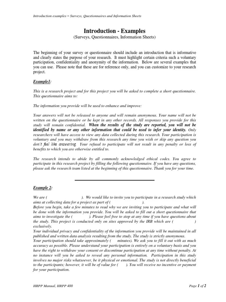 Sample Introductions to Surveys and Quest Survey Methodology