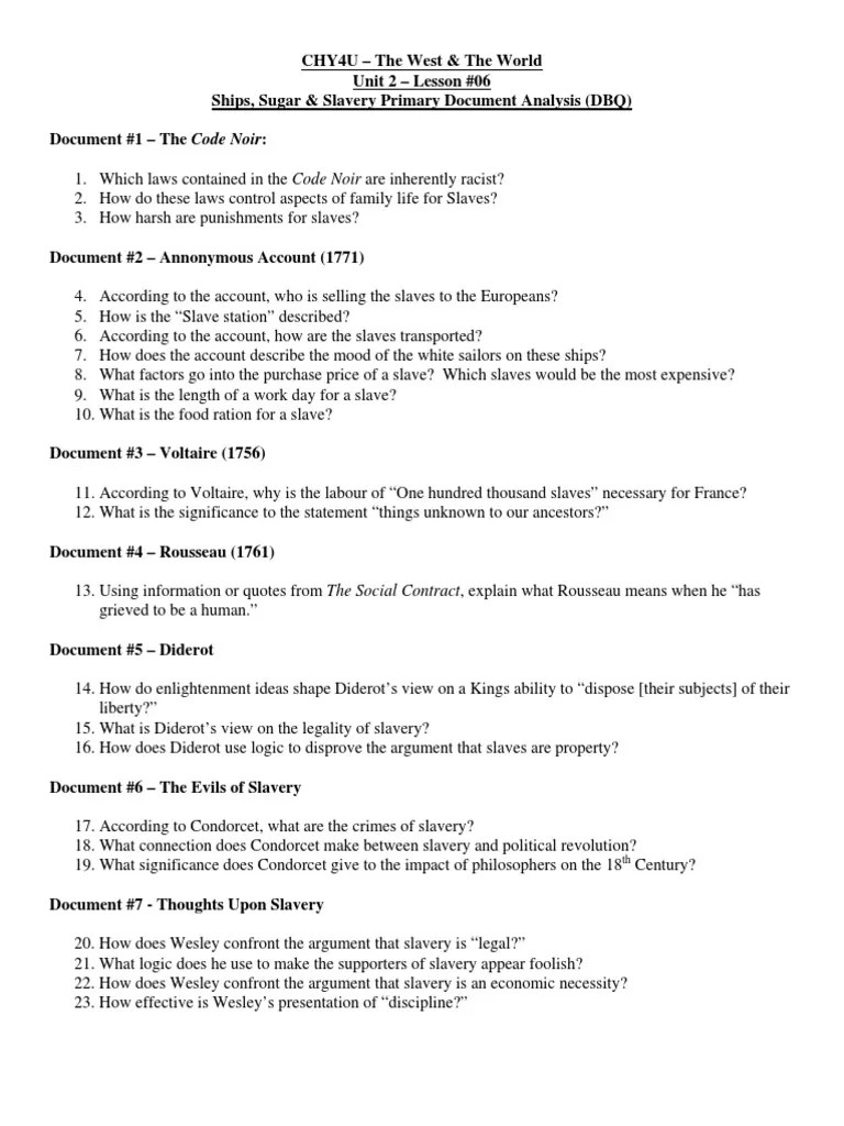 Slavery Primary Document Analysis Questions Jean Jacques Rousseau