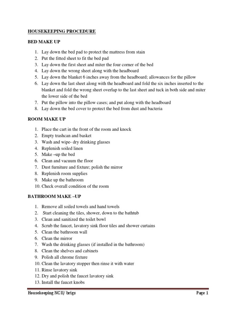 Housekeeping Procedure Housekeeping Bed
