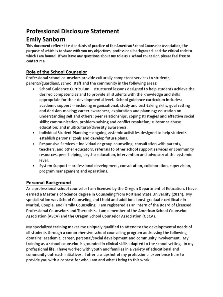 professional disclosure statement School Counselor Cognition Free