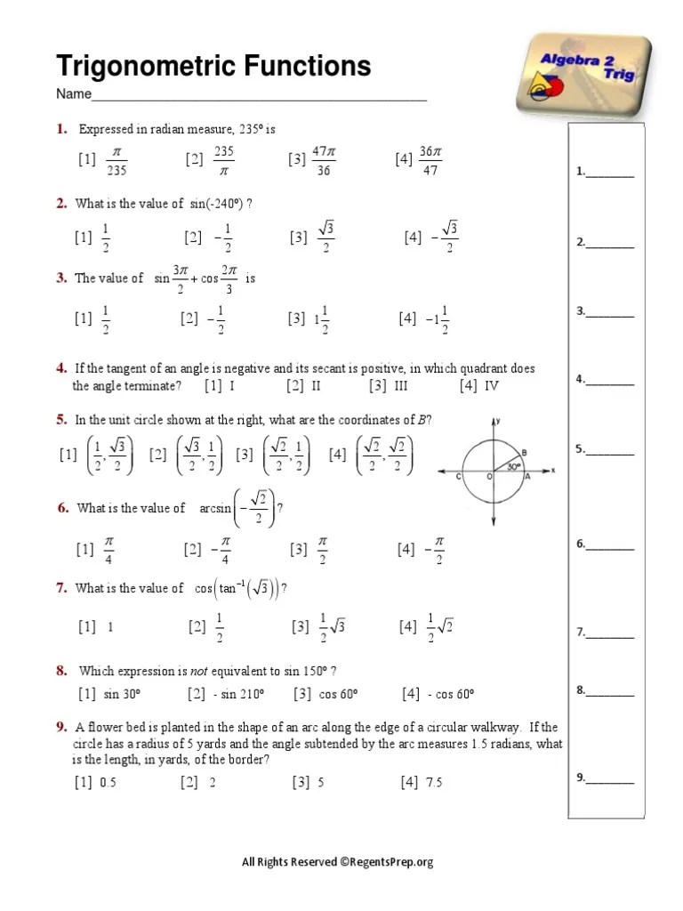 Trig Functions Multiple Choice PDF Trigonometric Functions Sine