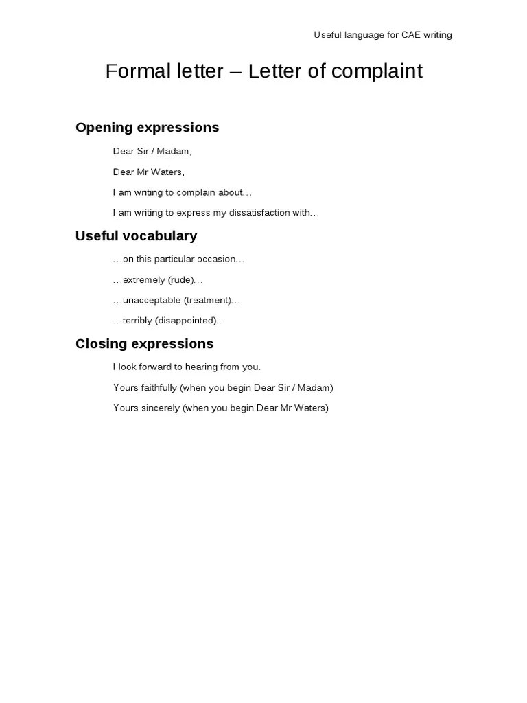 CAE - Formal Letter - Letter of Complaint