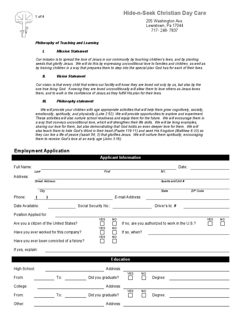 Employment Application PDF Child Care Relationships