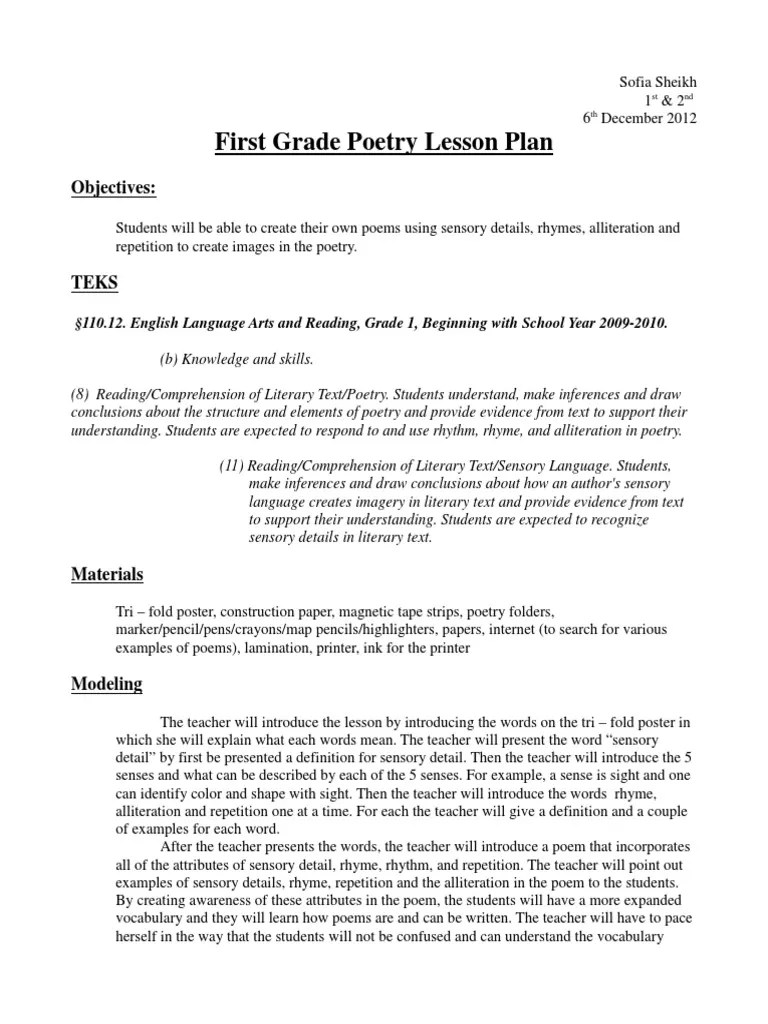 First Grade Poetry Lesson Plan PDF Poetry Reading Comprehension