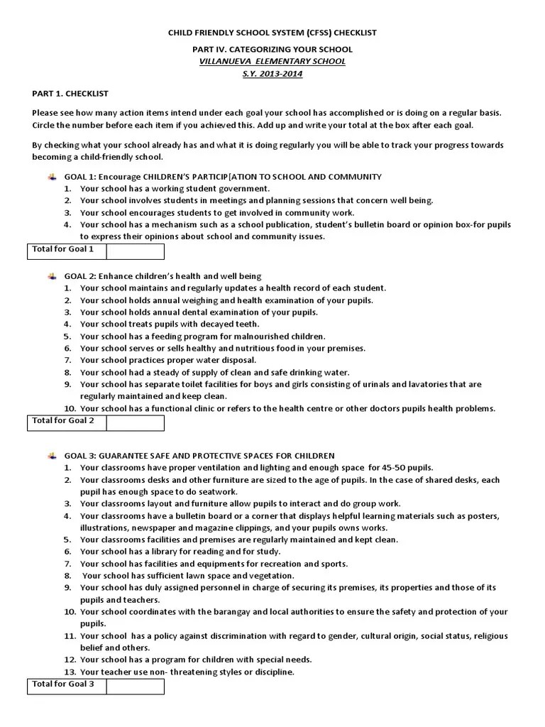 Child Friendly School System (Cfss) Checklist Literacy Special