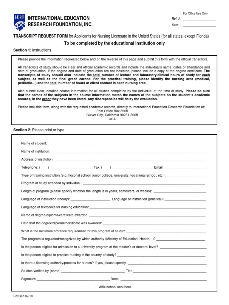Nursing Transcript Request Form From IERF PDF Nursing Academic Degree