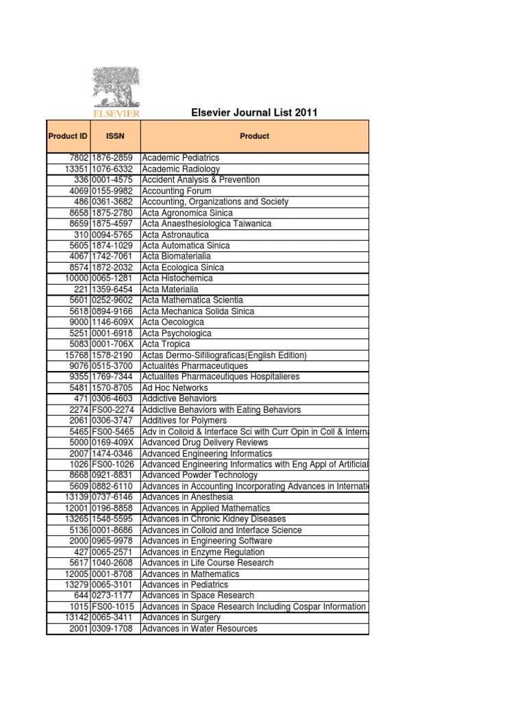 2011 Elsevier Online Journal List PDF Computer Science Medicine
