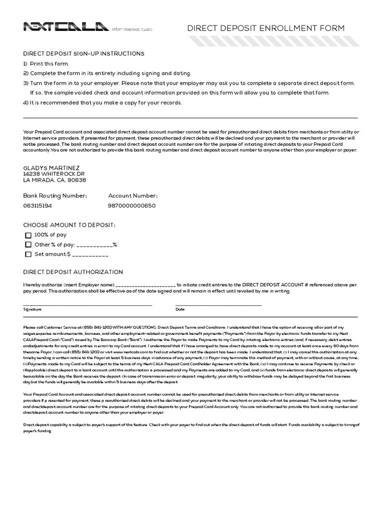 Direct Deposit Form Debit Card Payments