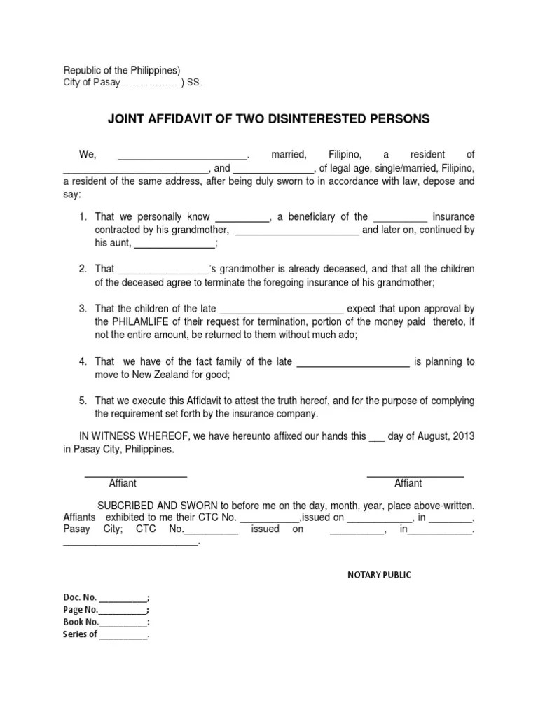 Pembo makati city, after being duly sworn to in accordance with law, depose and state that: JOINT AFFIDAVIT OF TWO DISINTERESTED PERSONS and Affidavit ...