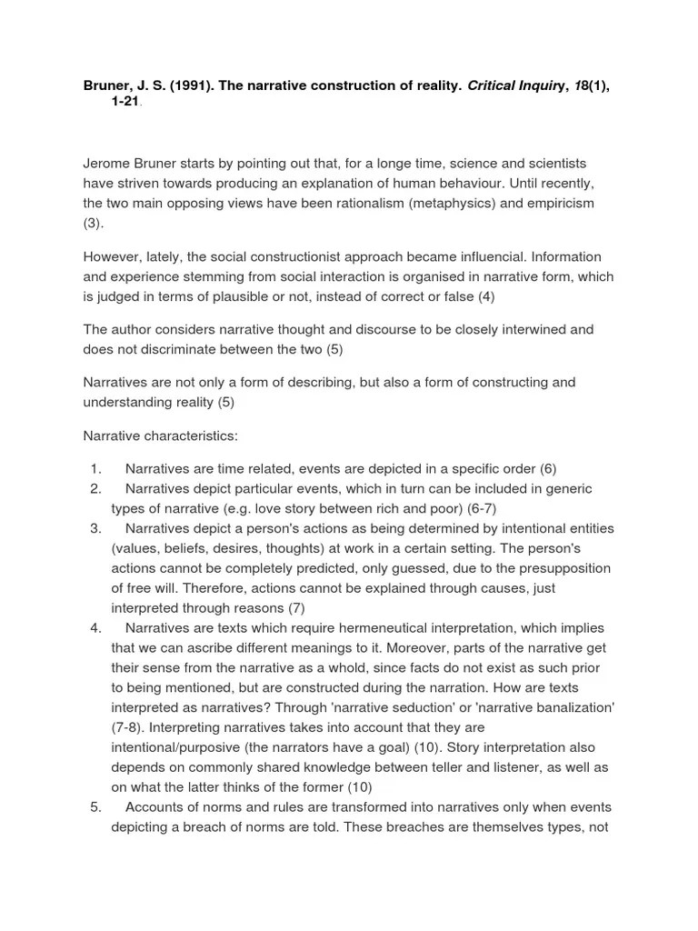 [Summary] Bruner 1991 The Narrative Construction of
