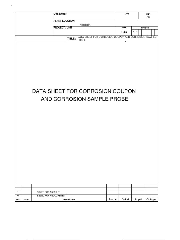 Corrosion Coupon Data Sheet Pipe (Fluid Conveyance) Hydraulic